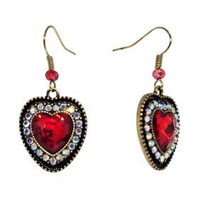 Handmade Gold Heart Drop Earrings Red Crystal Rhinestone Pendant Boho Dangle